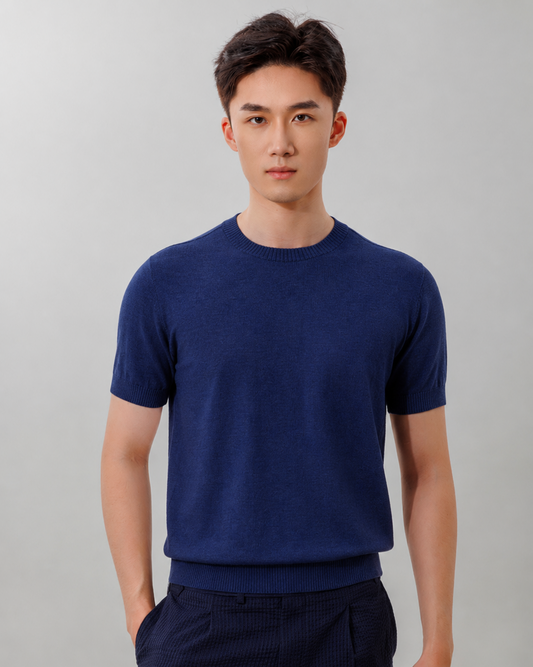 Men's Cotton Cashmere Knit T-Shirt — Ink Blue / M24S01