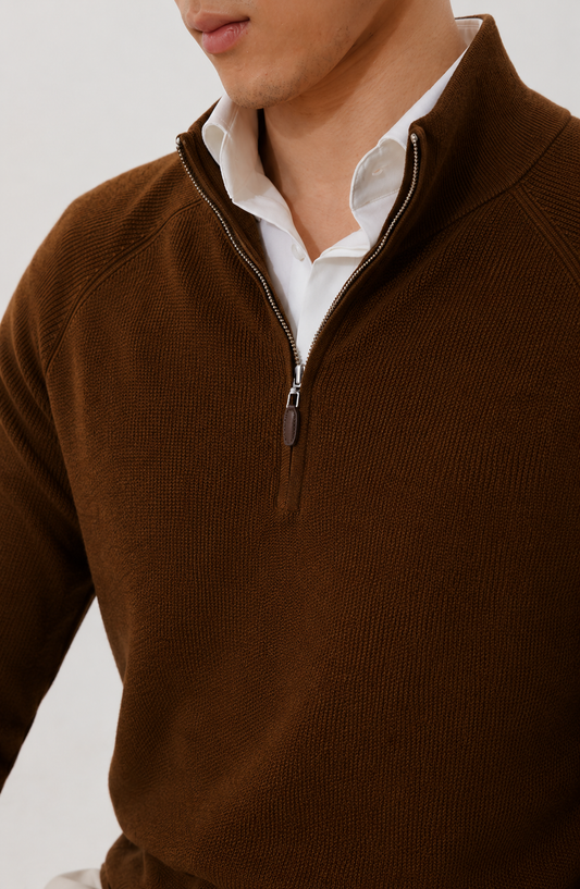 Men's Cotton Cashmere Quarter-Zip Sweater — Chestnut Brown / M26S23