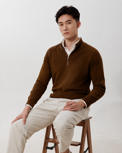 Men's Cotton Cashmere Quarter-Zip Sweater — Chestnut Brown / M26S23