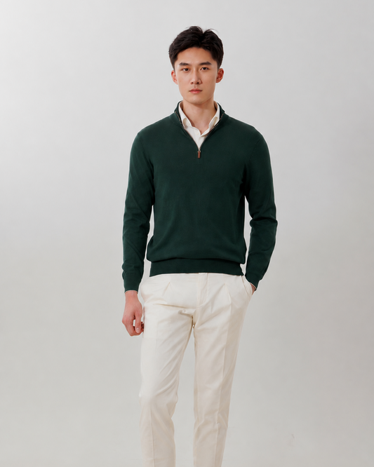 Men's Cotton Cashmere Quarter-Zip Sweater — Forest Green / M26S28