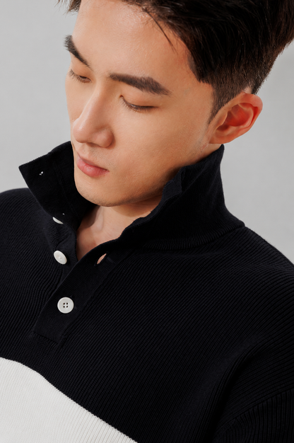 Men's Cotton Cashmere Striped Polo Sweater — Ink Black & White / M26S71