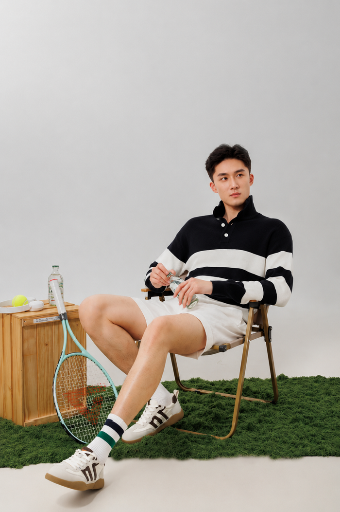 Men's Cotton Cashmere Striped Polo Sweater — Ink Black & White / M26S71