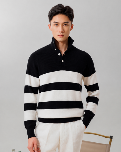 Men's Cotton Cashmere Striped Polo Sweater — Ink Black & White / M26S71